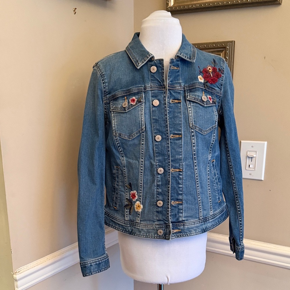 NWT Talbots Blue Jean Jacket with Floral Embroidery
